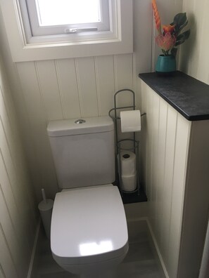 A small bathroom with a white toilet, a window above the sink, and a plant on the counter. - SHEPHERD'S RETREAT (Alderholt)