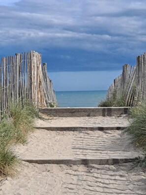 En sti langs en sandstrand, der fører hen til havet, afgrænset af træhegn.