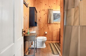 Combined shower/bathtub, hair dryer, towels, soap