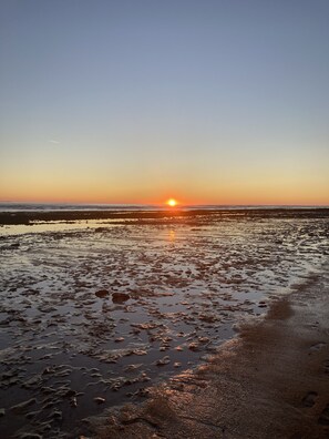 Une plage au coucher du soleil, avec du sable mouillé et un ciel dégagé.