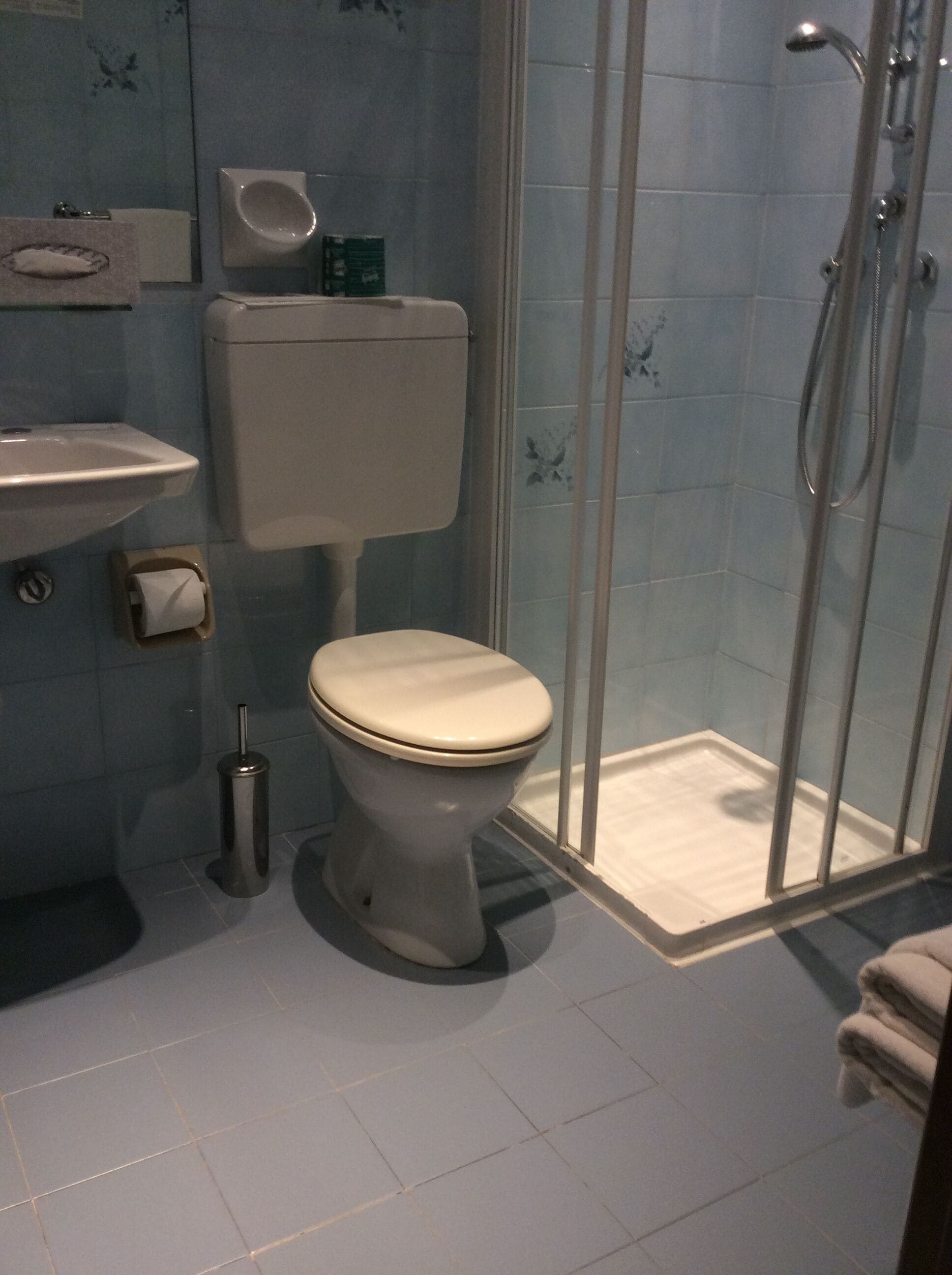A bathroom with a toilet, sink, and shower.