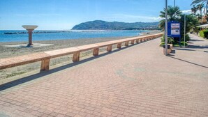 Un chemin pavé avec un banc, un palmier et un panneau indicateur sur la droite.