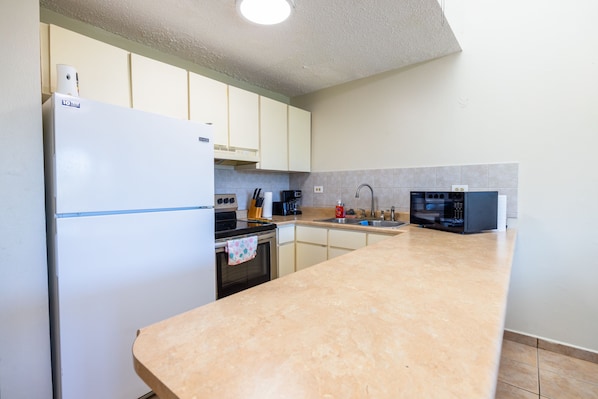 A kitchen with a refrigerator, stove, microwave, and sink.