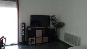 Una sala de estar con una televisión de pantalla plana, una planta y un sofá.