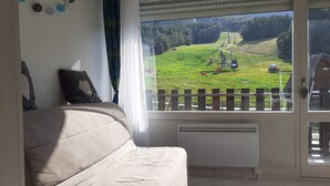 A room with a sofa, a window with a view of a green landscape, a wooden fence, and a radiator. - Studio Chaleureux en Montagne (Puyvalador)