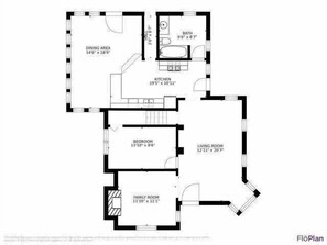A floor plan of a house with a dining area, kitchen, living room, bedroom, and family room. - (2027 OPEN!) New Buffalo Home With Private Pool and Hot Tub! (New Buffalo)