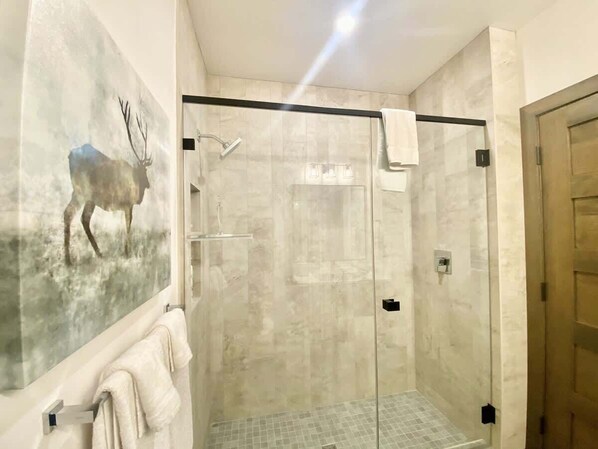 Combined shower/bathtub, hair dryer, shampoo