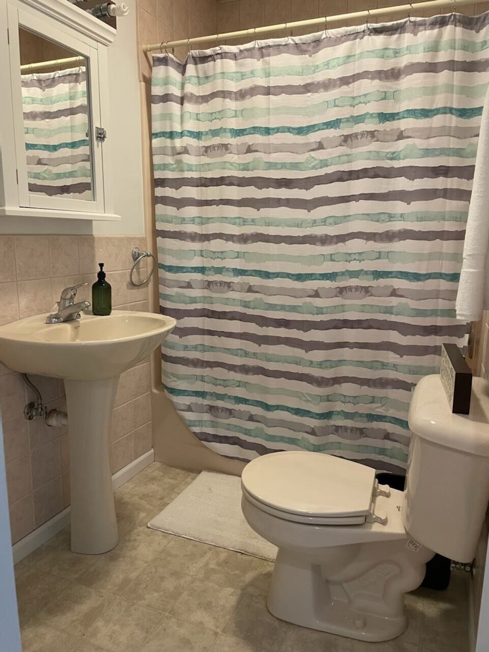 Combined shower/tub, towels, soap, toilet paper