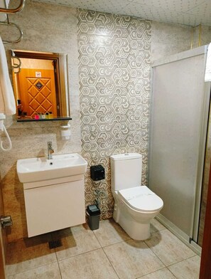 Baño con lavamanos, inodoro y ducha.