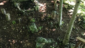 A forested area with a circular stone arrangement, wooden posts, and a bench.