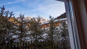 Une vue sur les montagnes à travers une fenêtre, avec des sommets enneigés et des arbres à feuilles persistantes au premier plan.