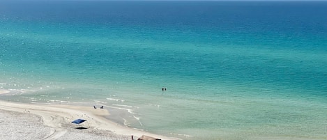 On the beach, sun loungers