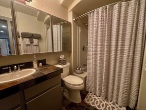 Ensemble baignoire-douche, séchoir à cheveux, serviettes fournies, savon