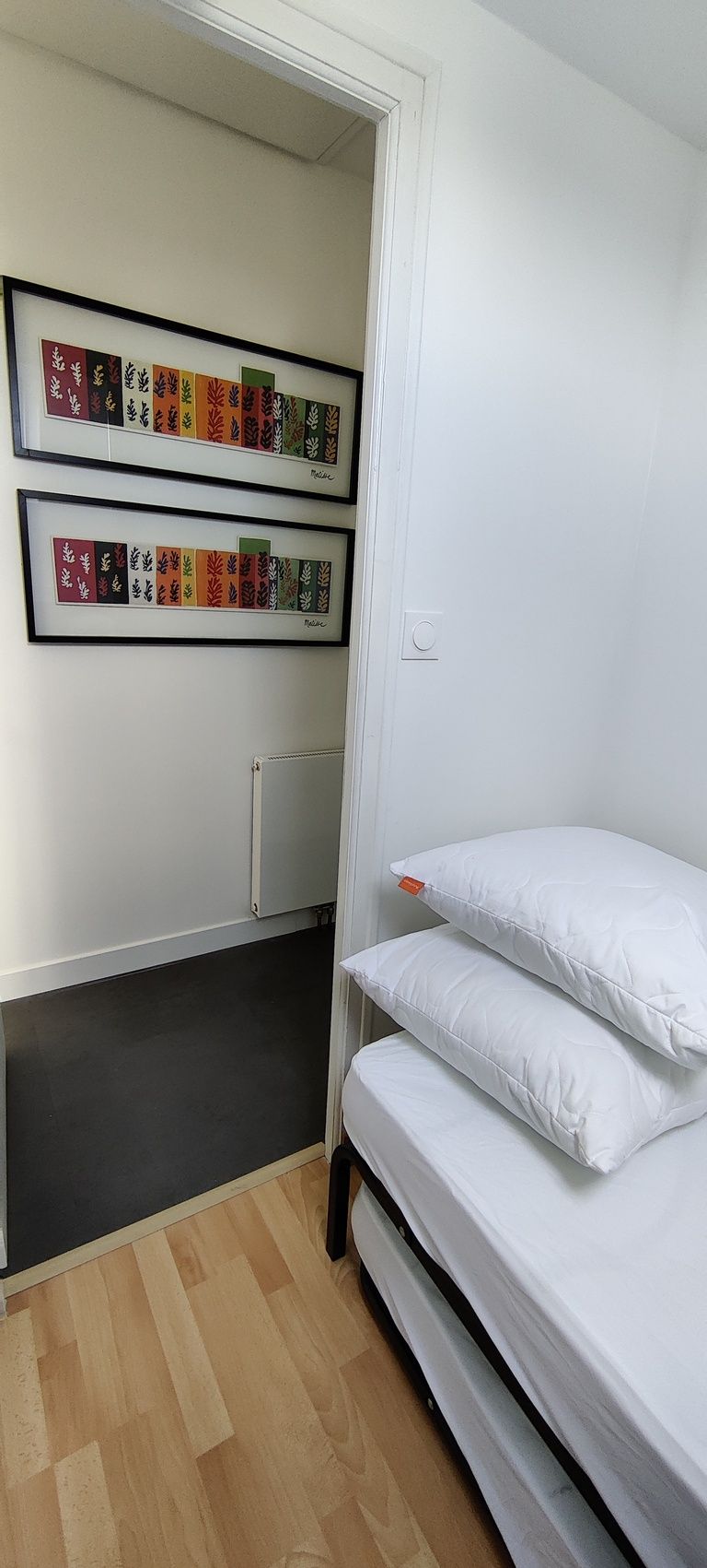 A bedroom with a bed, a wardrobe, and two framed leaf patterns on the wall.