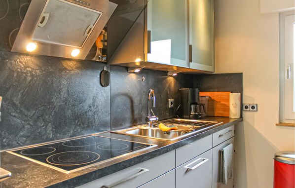 Kühlschrank, Mikrowelle, Herdplatte, Wasserkocher mit Kaffee-/Teezubehör
