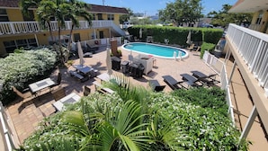 A pool area with lounge chairs and umbrellas, surrounded by greenery and a clear blue sky. - Pompano Holiday Gem (Pompano Beach)