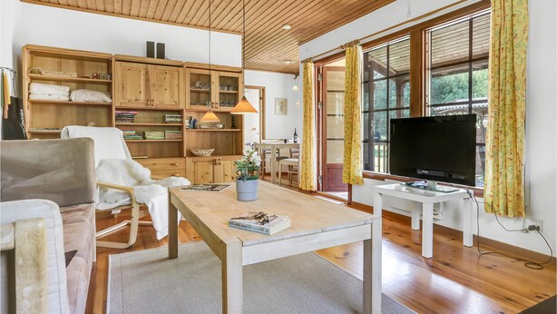 Amplia sala de estar con muebles de madera, televisor y ventanas grandes con cortinas.