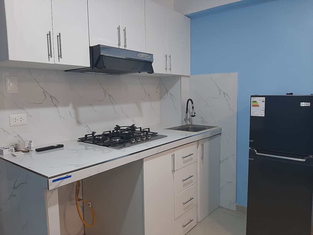 Réfrigérateur, micro-ondes, plaque de cuisson