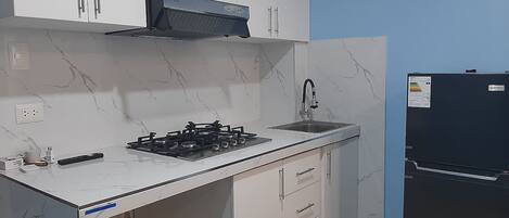 Fridge, microwave, stovetop