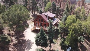 A cabin surrounded by trees, with a wooden deck and a metal roof. - Spacious cabin in gated community. (Fort Garland)
