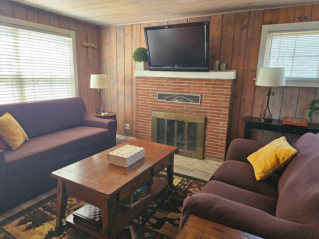 Smart TV, fireplace, books