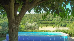 Zona de piscina bordeada de árboles con vistas despejadas a un paisaje verde exuberante.