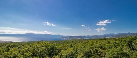 A coastal landscape with dense greenery and a view of the sea and distant mountains.