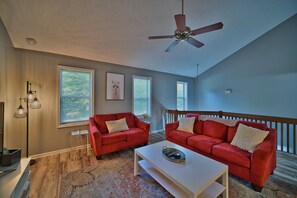 Smart TV, fireplace, books
