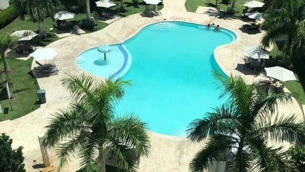 A large, curved swimming pool surrounded by palm trees and lounge chairs, with a modern building in the background.