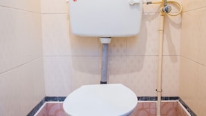A standard toilet with a tank and a bidet attachment in a bathroom with patterned floor tiles. - Malar Residencey (Puducherry)