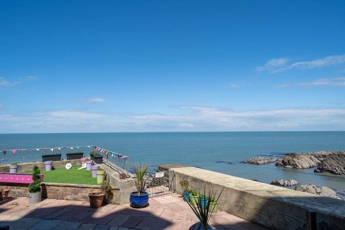 Une terrasse avec vue sur la mer, des plantes en pot et un drapeau.