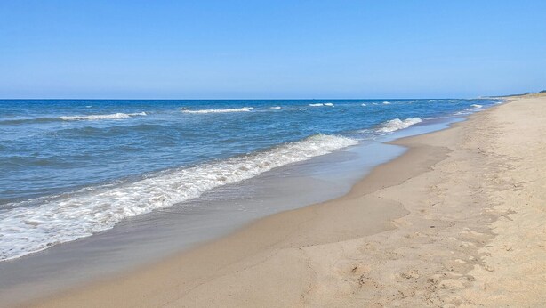 Una spiaggia con acque cristalline e una riva sabbiosa.
