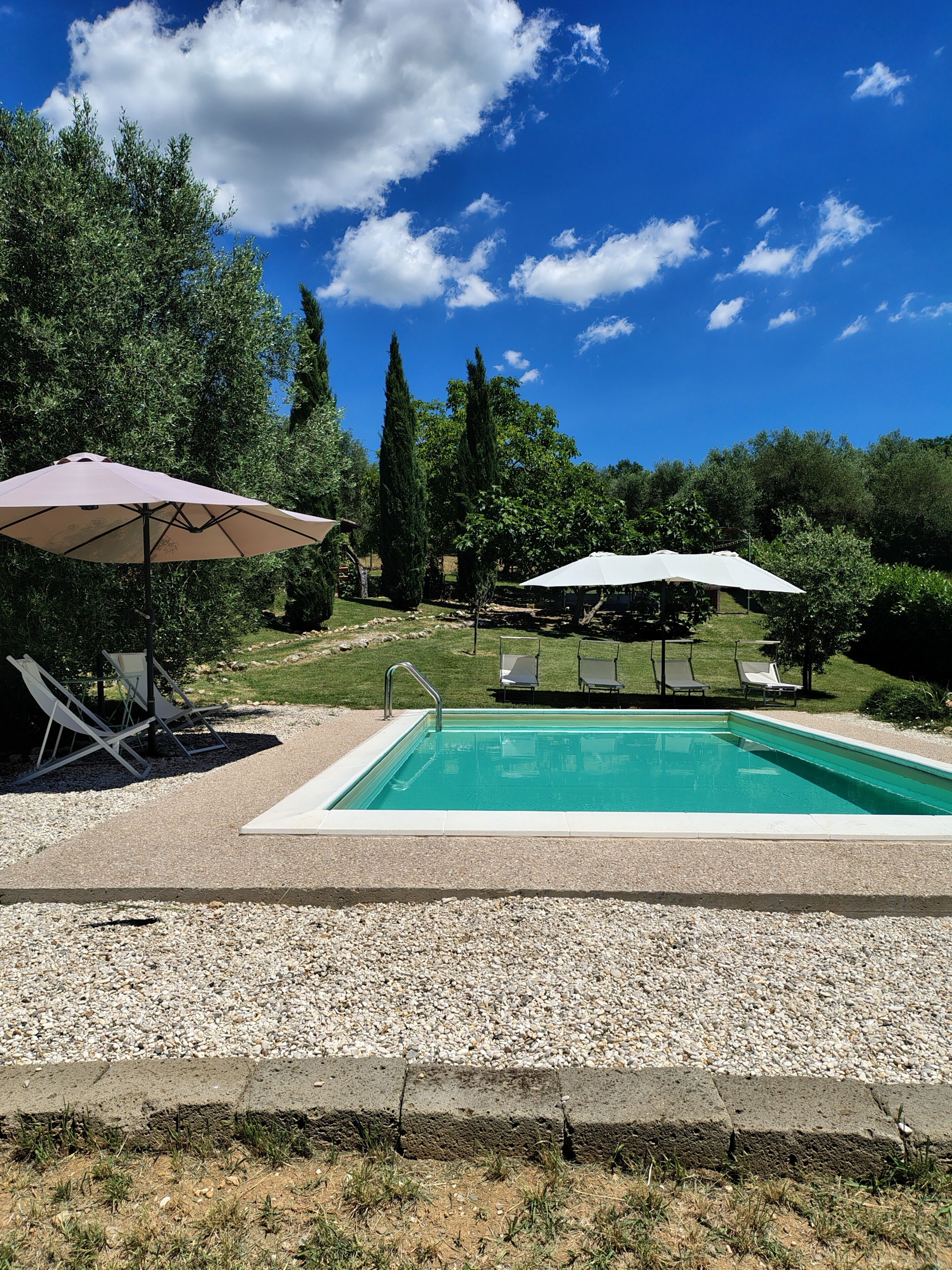 A rectangular swimming pool with a surrounding gravel area, two umbrellas, and lounge chairs.