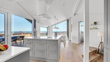 Fridge, stovetop, dishwasher, coffee/tea maker