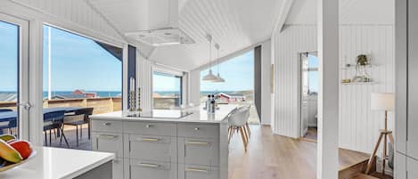 Fridge, stovetop, dishwasher, coffee/tea maker