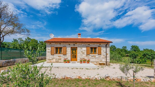 A stone house with a tiled roof, a satellite dish, and a small garden with potted plants. - Nice Home in Zminj with Hot Tub, WiFi & 1 Bedrooms (Zminj)