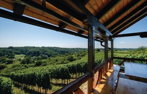 A wooden deck with a view of a vineyard and rolling hills. - Beautiful Home in Hrnjanec With 1 Bedrooms and Wifi (Sveti Ivan Zelina)