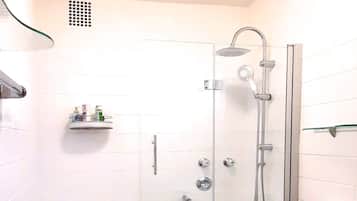 Combined shower/tub, hair dryer, towels, soap