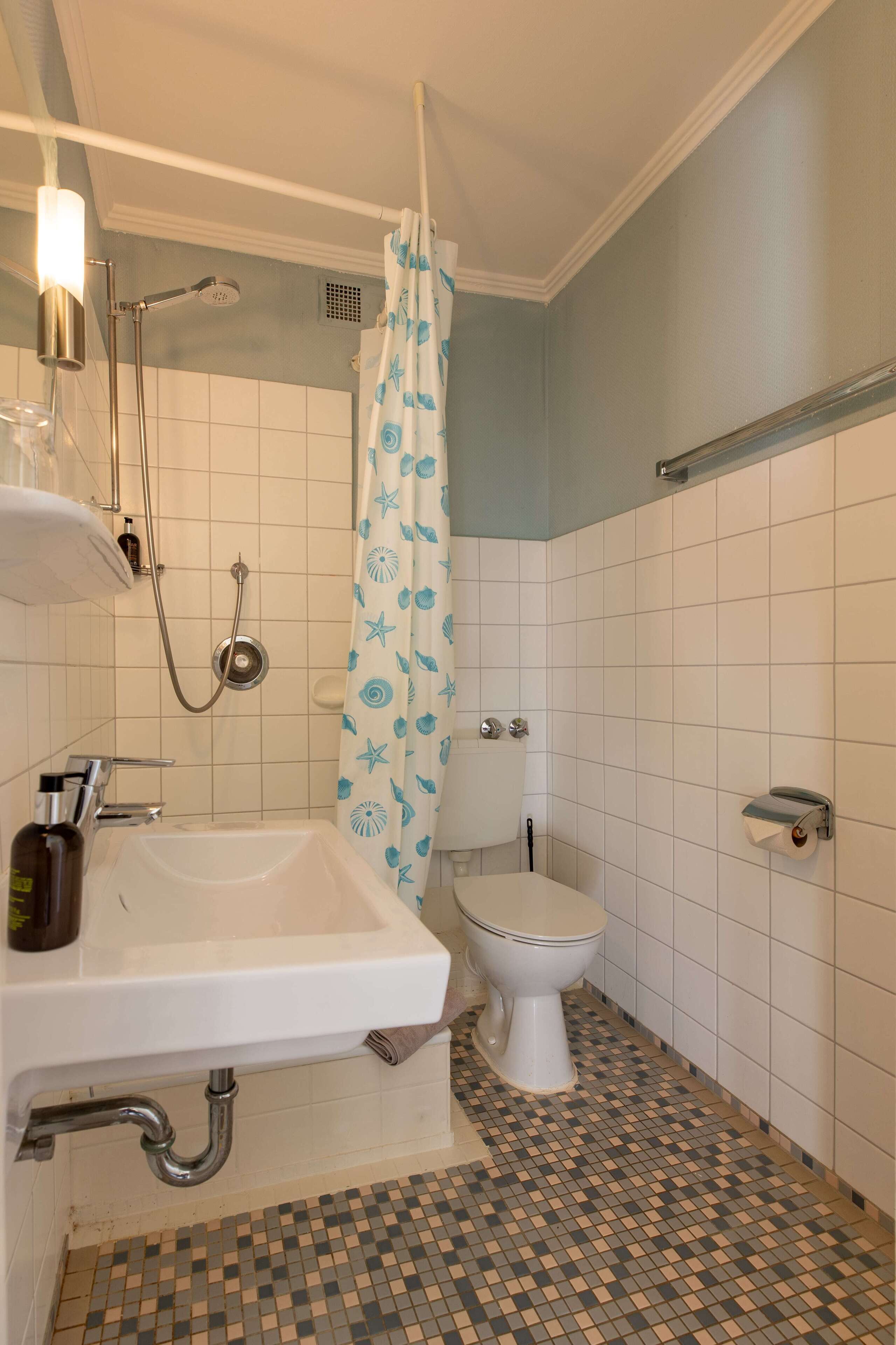 A bathroom with a white sink, a toilet, and a shower with a blue shower curtain.