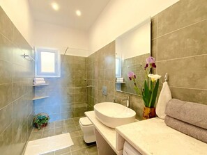 Ensemble baignoire-douche, séchoir à cheveux, serviettes fournies, savon