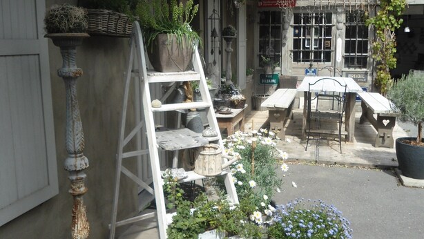 A garden area with potted plants, a ladder, and outdoor furniture.