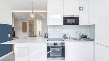 Apartamento económico, 1 habitación, vistas a la ciudad | Cocina privada | Frigorífico grande, microondas, placa de cocina y lavavajillas