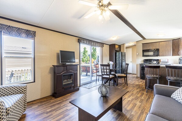 TV, fireplace, DVD player, stereo