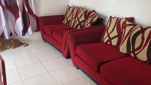 En stue med en rød sofa, mønstrede puder og en tiger på gulvet.