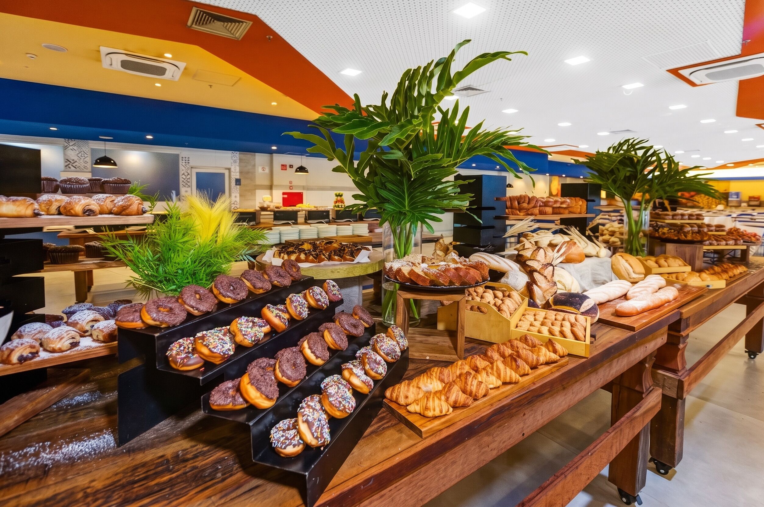 Mostrador de pastelería con diversos productos horneados y un diseño interior moderno.