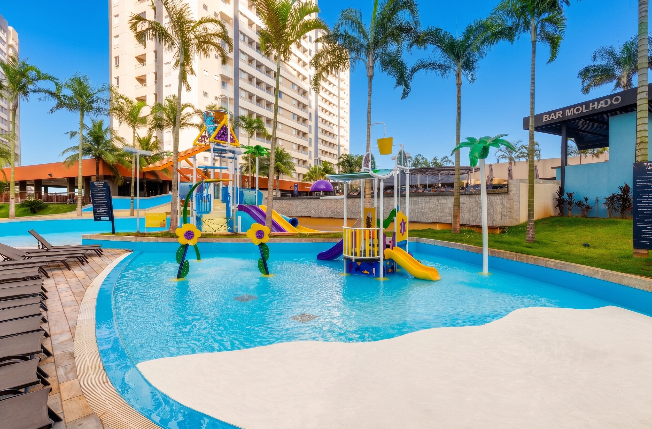 A swimming pool with a water slide and a children's play area.