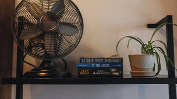 A black fan, a potted plant, and a stack of books on a black shelf.