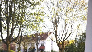 A residential street with a paved path, houses, and well-maintained lawns. - LouVi Apartment in Kehl am Rhein (Kehl)