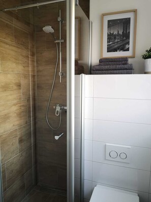 Dusche, Haartrockner, Handtücher, Toilettenpapier
