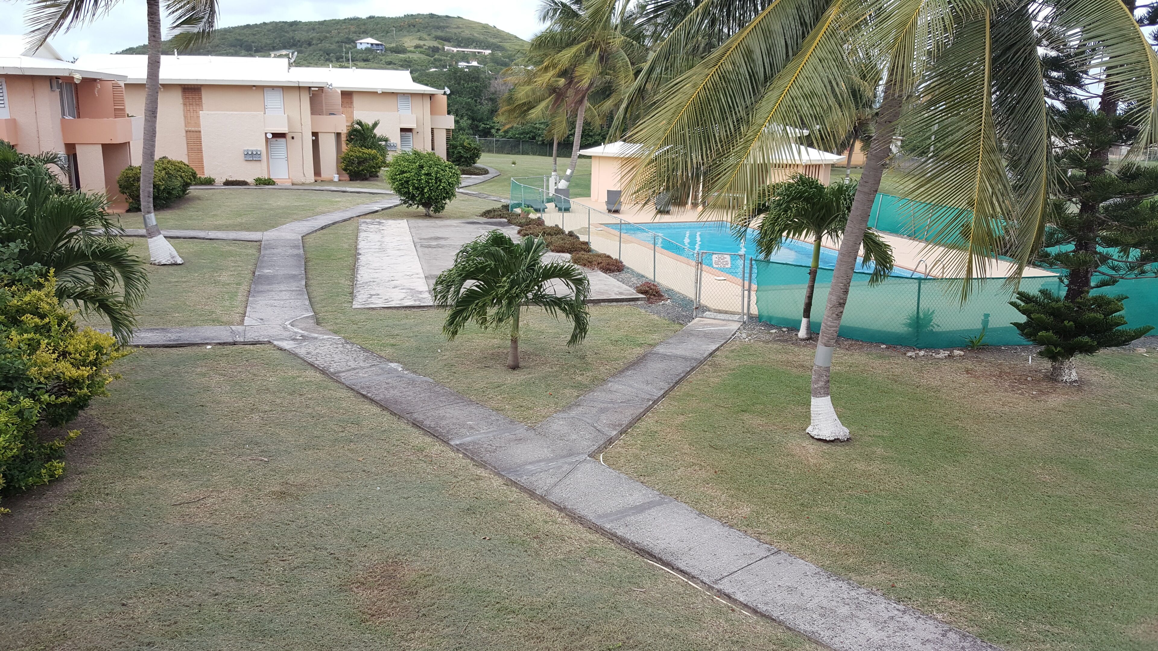 A resort with a swimming pool, palm trees, and a well-maintained lawn.
